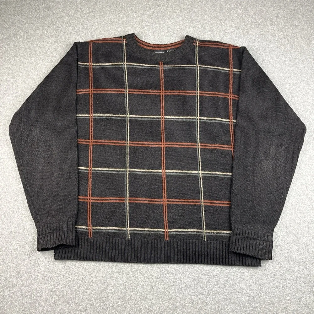 VTG Haggar Sweater Mens Large Brown Crewneck Earth Tone Check Pullover Striped